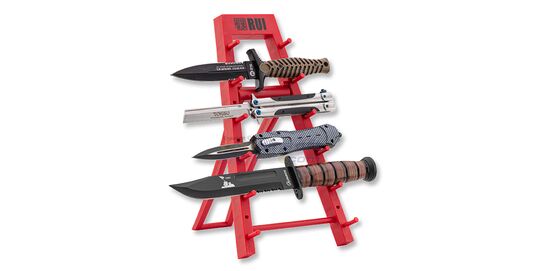 Knife Display Stand for Six Knives – Red Plastic Collector’s Rack - Six knives displayed in red plastic stand (knives not included)