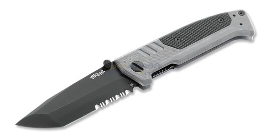 Walther PDP Tanto Serrated taittoveitsi — D2-terä, osittain hammastettu, harmaa - Avattu Walther PDP Tanto taittoveitsi, jossa musta D2-terä ja G10-kahva