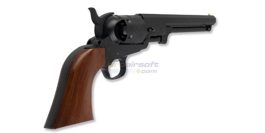 Marui Colt M1851 Navy Spring Revolver, Black - Woodgrain finish grip on Marui Colt M1851 Navy spring revolver.
