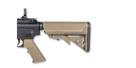 Specna Arms SA-F13 FLEX Gate X-ASR Gen2, hiekka - Lähikuva säädettävästä tukista lyhyenä
