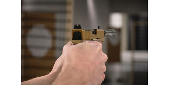 Umarex Glock 19X MOS Gen5 CO₂ Air Pistol 4.5 mm, Coyote – Optics Ready with Threaded Barrel - Raised suppressor-height sights on the Glock 19X MOS Gen5 air pistol