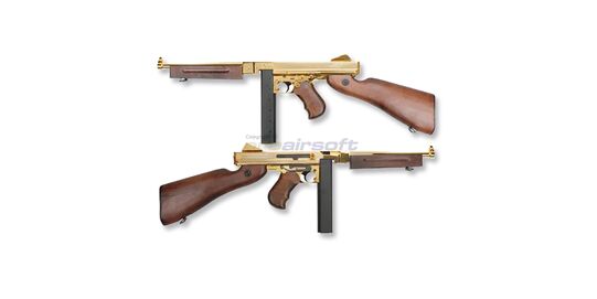 King Arms Thompson M1A1 Gold – WWII Airsoft Replica with Real Wood & Metal Body - Golden receiver and authentic wood furniture