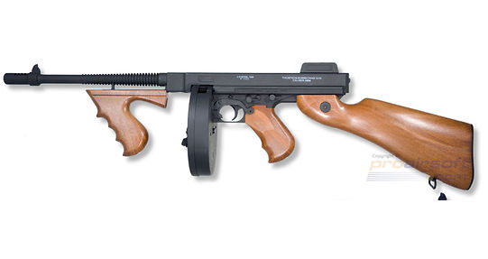 Cybergun Thompson 1928 sähköase - täysmetallinen klassikko, lisensoitu - Thompson 1928 puujäljitelmä tukki ja etukahva