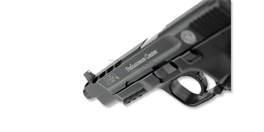 Umarex Smith & Wesson M&P9L Performance Center 4.5mm ilmapistooli (CO₂, Blowback) - Umarex M&P9L lähikuva etutähtäimestä ja luistin porttauksista.