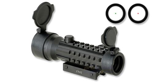 Taktinen 2x42 puna-/viherpistetähtäin kiinnityskiskoilla