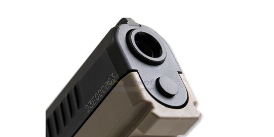 ASG CZ P-10C CO2 GBB, Metal Slide, FDE/Black - Close-up outer barrel and front of the pistol.