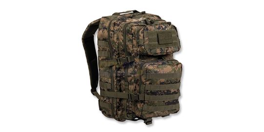 Mil-Tec Assault Backpack 40 L – MOLLE Compatible Tactical Backpack, Digital Woodland - Mil-Tec 40 liter assault backpack with multiple compartments and MOLLE webbing