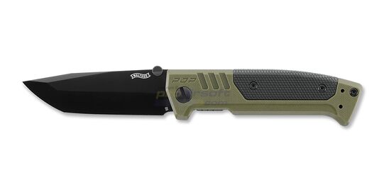 Walther PDP Tanto Folding Knife — D2 Blade, G10 Handle, Green/Black - Open Walther PDP Tanto folding knife with black D2 blade and G10 handle