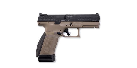 ASG CZ P-10C CO2 GBB, Metal Slide, FDE/Black - ASG CZ P-10 C CO2 blowback pistol with metal slide and FDE frame.
