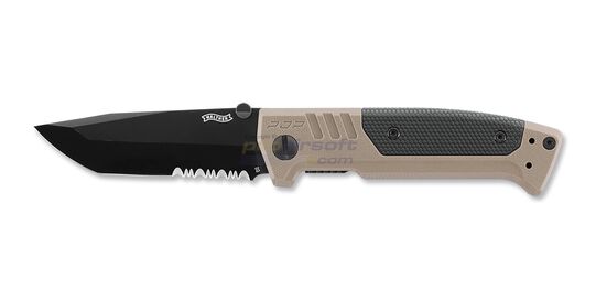 Walther PDP Tanto Serrated taittoveitsi — D2-terä, osittain hammastettu, hiekka - Walther PDP Tanto Serrated taittoveitsi hiekansävyisellä kahvalla ja mustalla D2-terällä