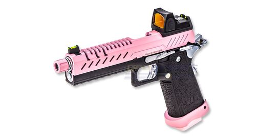 Vorsk Hi-Capa 5.1 kaasupistooli punapistetähtäimellä, pinkki
