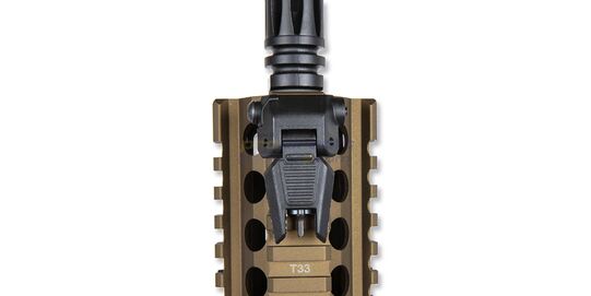 Specna Arms Daniel Defence Mk18 P19 Prime Aster ETU II Chaos Bronze, hiekka - Lähikuva etutähtäimestä matalana