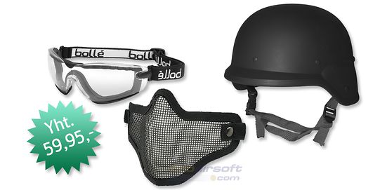 Kypärä+maski+suojalasit paketti, musta