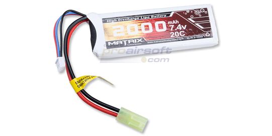 Matrix High Performance 7,4V 2000mAh 20C Lipo akku (Tamiya liitin) - Matrix High Performance 7,4V 2000mAh brick-tyyppinen LiPo-akku airsoft-AEG-aseisiin.