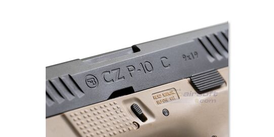 ASG CZ P-10C CO2 GBB, Metal Slide, FDE/Black - Original markings on the slide and frame.