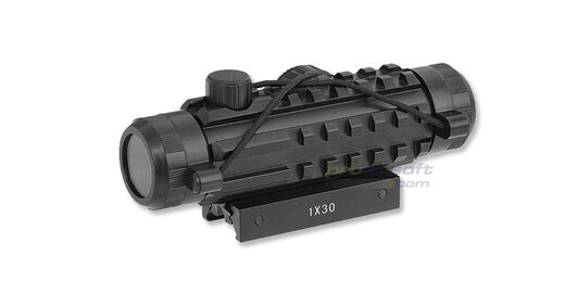 Taktinen 1x30 puna-/viherpistetähtäin kiinnityskiskoilla