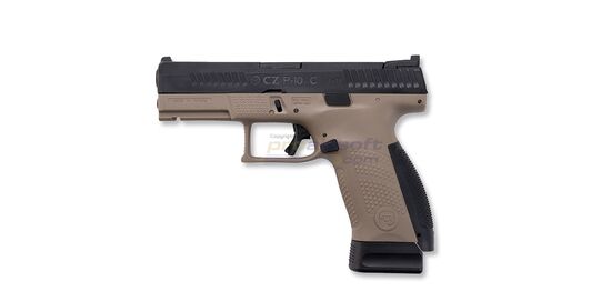 ASG CZ P-10C CO2 GBB, Metal Slide, FDE/Black - ASG CZ P-10 C CO2 blowback pistol with metal slide and FDE frame.