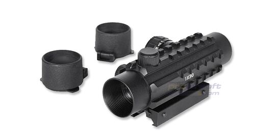 Taktinen 1x30 puna-/viherpistetähtäin kiinnityskiskoilla