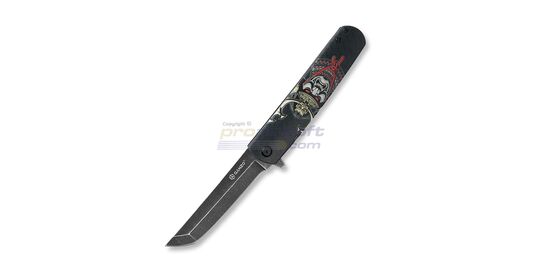 Ganzo G626 Samurai veitsi - Avattu Ganzo G626 Samurai taittoveitsi, jossa musta Tanto-terä ja musta kahva samuraikuvalla.