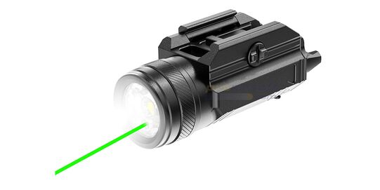 Skywoods PL800 Tactical Flashlight with Green Laser 800 lm – USB-C Rechargeable - Skywoods PL800 flashlight and green laser front view