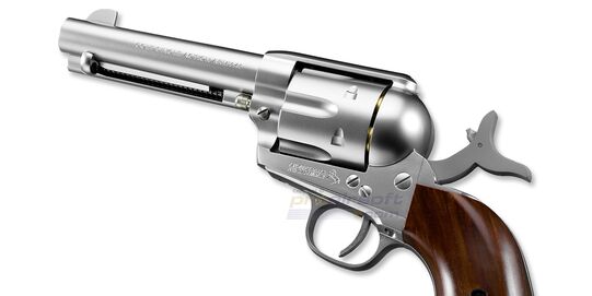 Marui SAA .45 Civilian 4.75" Spring Revolver – Classic Western Airsoft, Silver - Marui SAA .45 Civilian airsoft revolver realistic shell cartridges