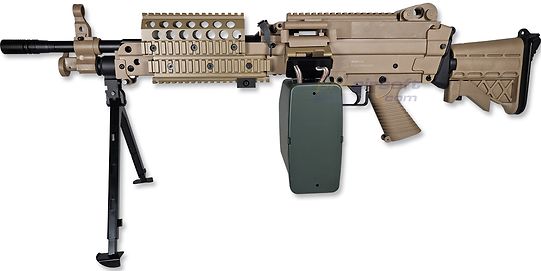 Cybergun FN Mk46 Minimi konekivääri sähköase - polymeerirunko, hiekka - Cybergun FN Mk46 Minimi airsoft konekivääri hiekanvärisenä