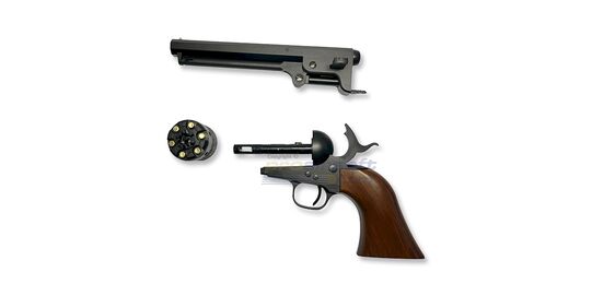 Marui Colt M1851 Navy Spring Revolver, Black - Marui Colt M1851 Navy spring revolver full side view, in parts.
