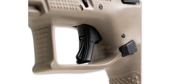 ASG CZ P-10C CO2 GBB, Metal Slide, FDE/Black - Close-up of the trigger and triggerguard.