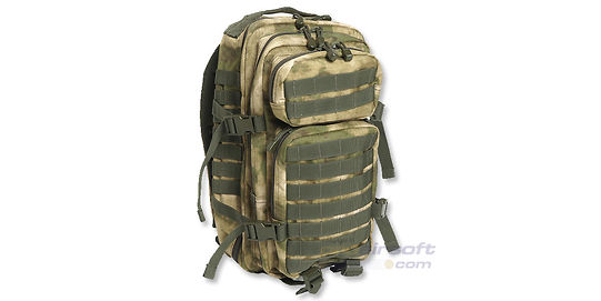 Mil-Tec rynnäkköreppu 20L, A-Tacs FG - Mil-Tec 20 litran rynnäkköreppu useilla taskuilla ja MOLLE-lenkeillä