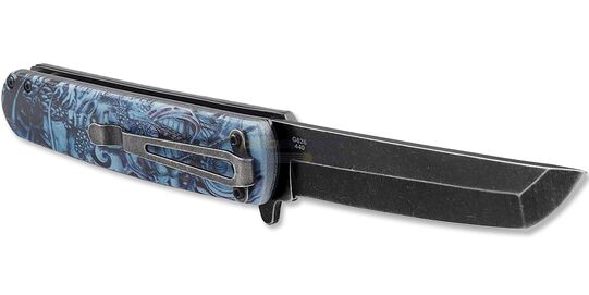 Ganzo G626 Samurai veitsi, sininen - Lähikuva Tanto-terästä.