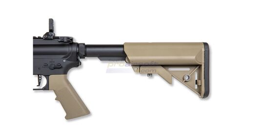 Specna Arms Daniel Defence Mk18 P19 Prime Aster ETU II Chaos Bronze, hiekka - Lähikuva tukista pisimmillään