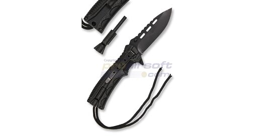 Mi-Tec Fire Starter Folding Knife, Black - Fire starter detail view – Built-in ferro rod and emergency whistle stored in the handle.