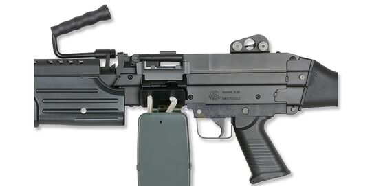 Cybergun FN M249 Mk2 konekivääri - metalli, musta - Aidot merkinnät rungossa