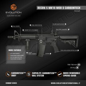 Evolution Recon Mk18 Mod 0 Carbontech sähköase, musta - Kuva Recon Mk18 Mod 0 tärkeimmistä ominaisuuksista