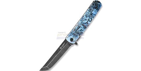 Ganzo G626 Samurai veitsi, sininen - Avattu Ganzo G626 Samurai taittoveitsi, jossa musta Tanto-terä ja sininen kahva