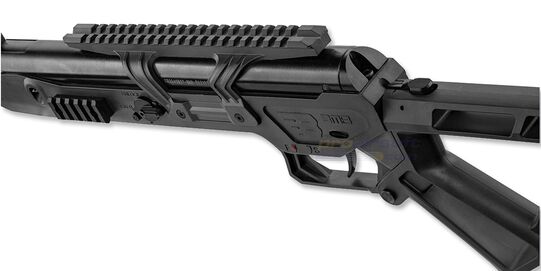 Black Bunker BM8 Survival 4.5mm ilmakivääri, musta - Lähikuva tähtäinkiskosta sivusta katsottuna