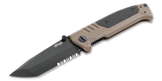 Walther PDP Tanto Serrated taittoveitsi — D2-terä, osittain hammastettu, hiekka - Avattu Walther PDP Tanto taittoveitsi, jossa musta D2-terä ja G10-kahva