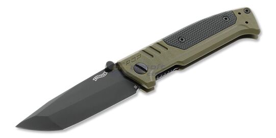 Walther PDP Tanto Folding Knife — D2 Blade, G10 Handle, Green/Black - Open Walther PDP Tanto folding knife with black D2 blade and G10 handle