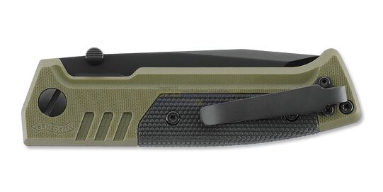 Walther PDP Tanto Folding Knife — D2 Blade, G10 Handle, Green/Black - Closed Walther PDP Tanto folding knife with green handle and Deep Carry clip