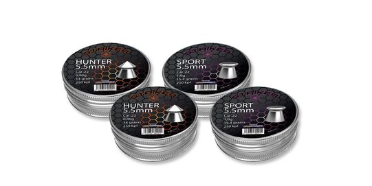 Striker 5.5mm Air Rifle Pellets 4-Tin Bundle – Hunter 0.90g & Sport 1.0g – Save 25%