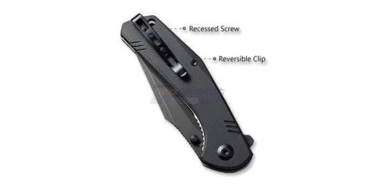 Sencut Actium Flipper All Black – durable EDC folding knife with D2 blade - Reversible deep-carry pocket clip for discreet EDC carry.