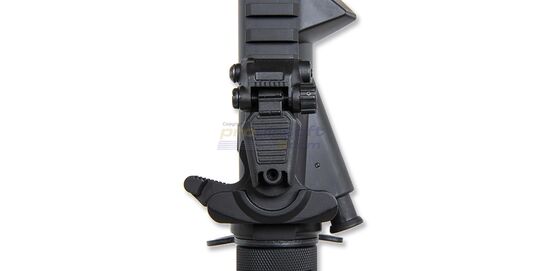 Specna Arms Daniel Defence Mk18 P19 Prime Aster ETU II Chaos Bronze, hiekka - Lähikuva latauskahvasta ja takatähtäimestä pystyasennossa