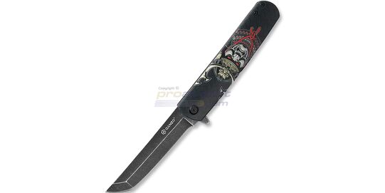 Ganzo G626 Samurai veitsi - Avattu Ganzo G626 Samurai taittoveitsi, jossa musta Tanto-terä ja musta kahva samuraikuvalla.
