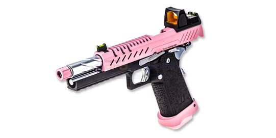 Vorsk Hi-Capa 5.1 kaasupistooli punapistetähtäimellä, pinkki