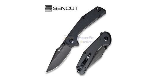 Sencut Actium Flipper All Black – durable EDC folding knife with D2 blade - Sencut Actium All Black folding knife shown open and closed.