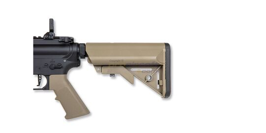 Specna Arms Daniel Defence Mk18 P19 Prime Aster ETU II Chaos Bronze, hiekka - Lähikuva tukista lyhimmillään