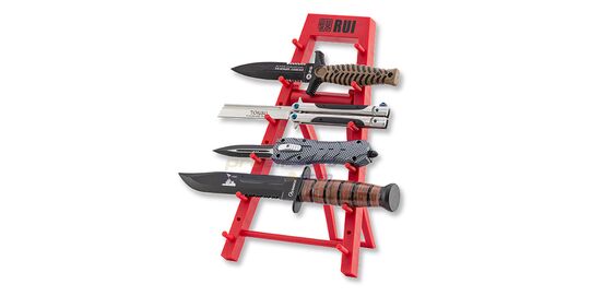 Knife Display Stand for Six Knives – Red Plastic Collector’s Rack - Six knives displayed in red plastic stand (knives not included)