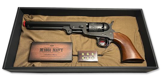 Marui Colt M1851 Navy Spring Revolver, Black - Marui Colt M1851 Navy spring revolver full package view, black finish.